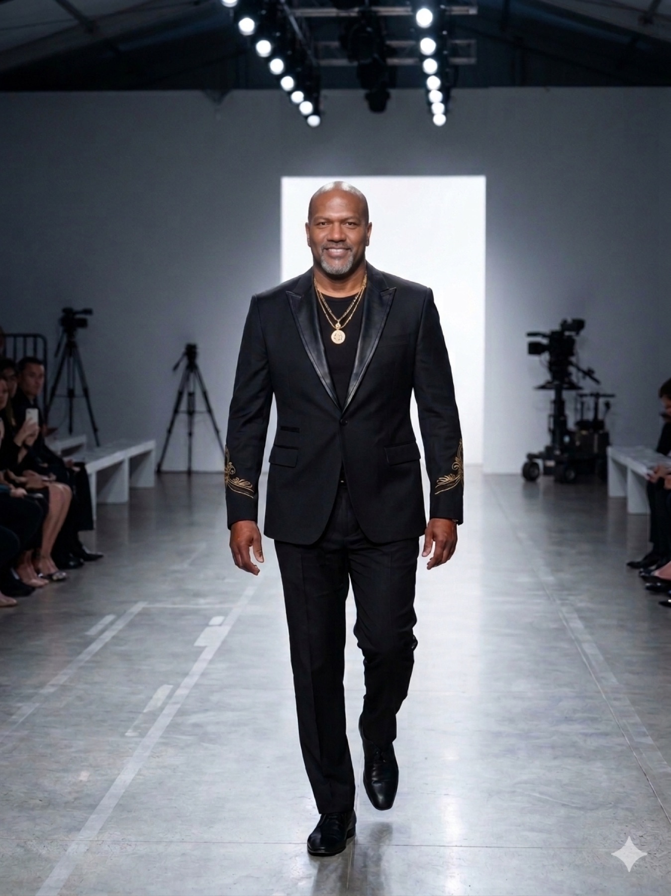 Man in a black suit walking a runway