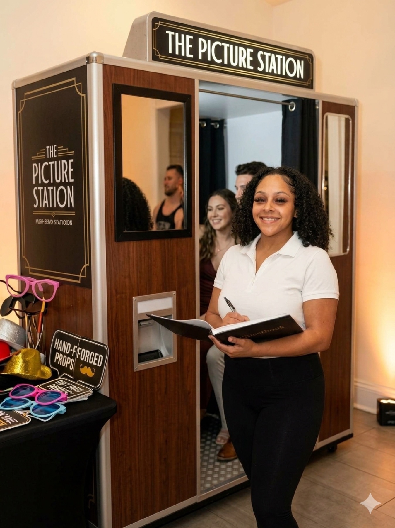 Photo booth attendant holding a guest book beside an enclosed booth and props table