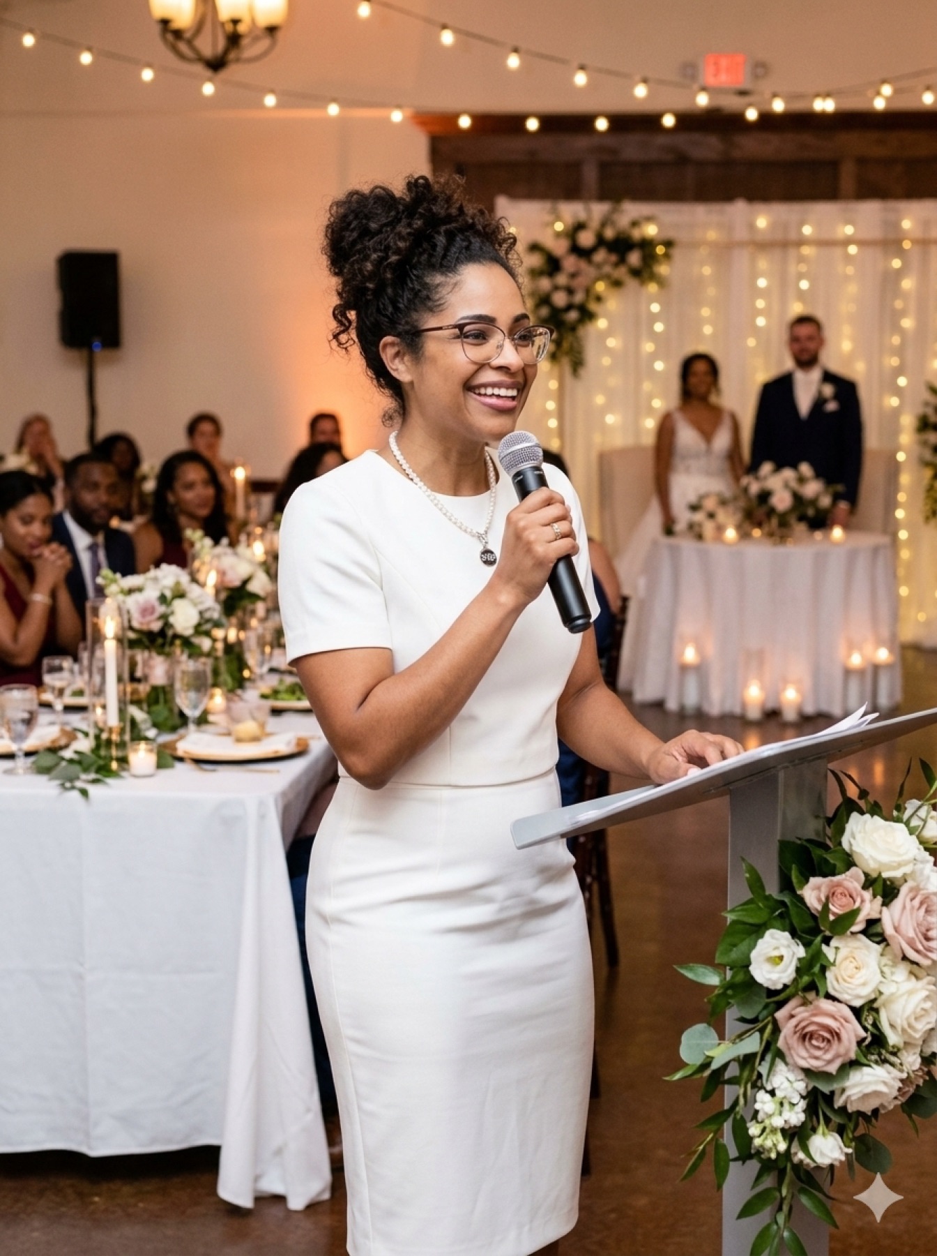 Woman giving a toast at a podium with the bride and groom at the head table
