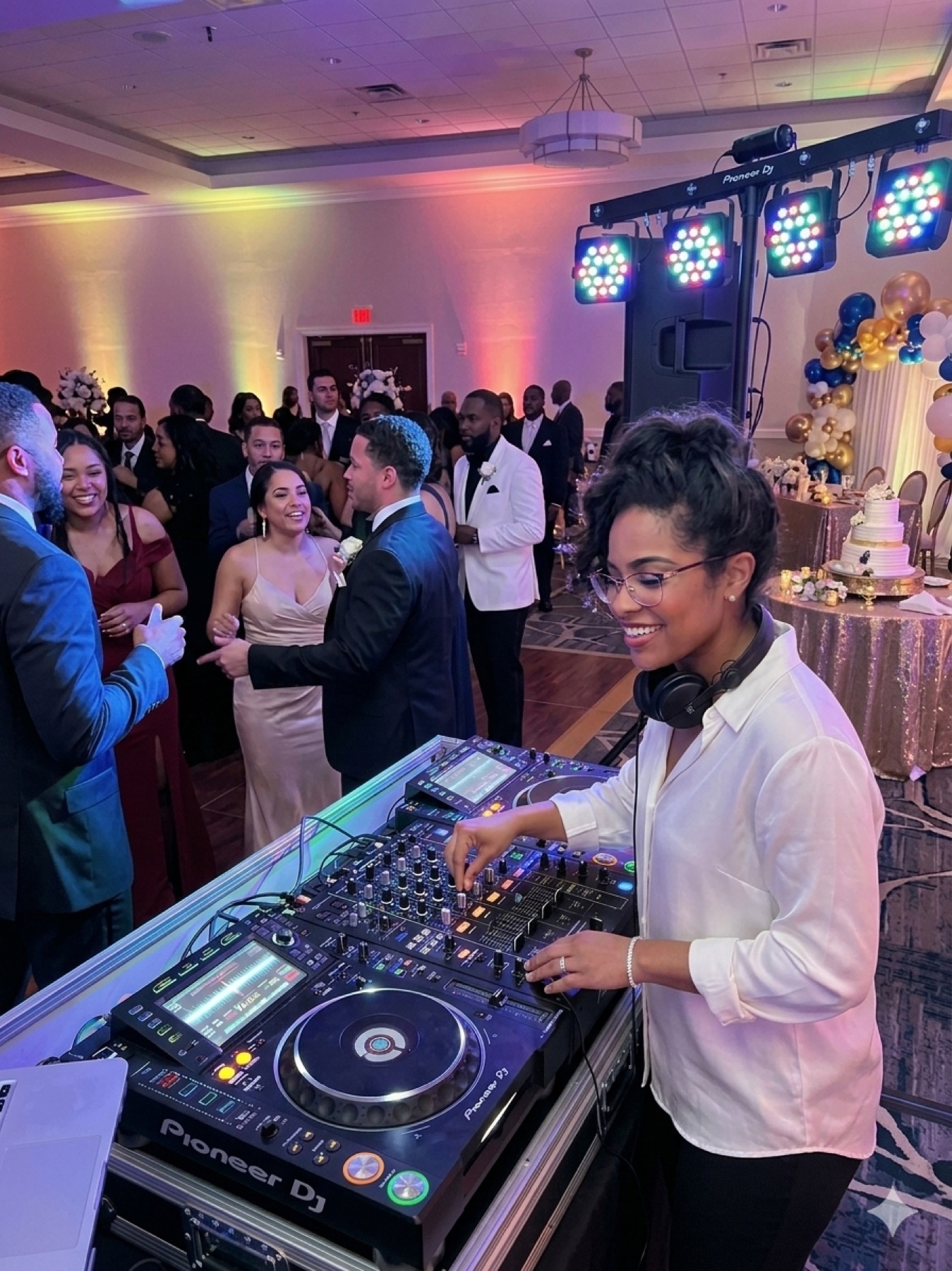 DJ mixing on Pioneer DJ decks with guests dancing in a ballroom