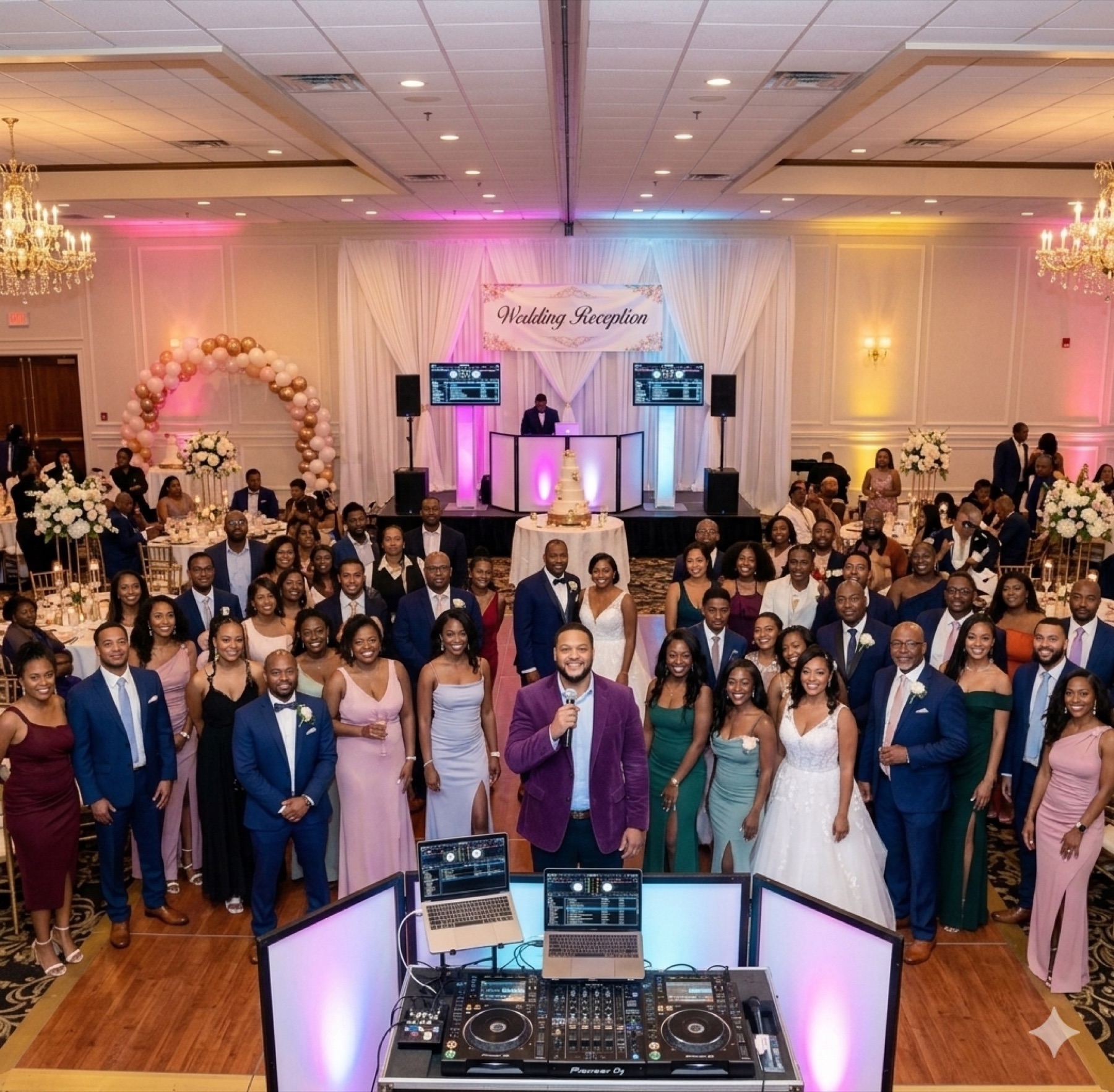 Wedding party and guests posing behind the DJ booth under a Wedding Reception banner