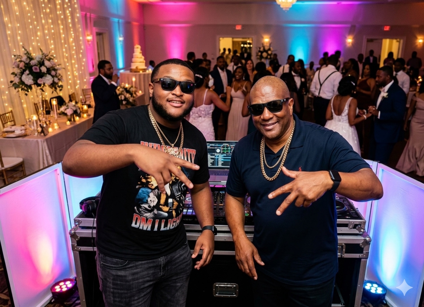 Two DJs in sunglasses posing at a lit DJ booth