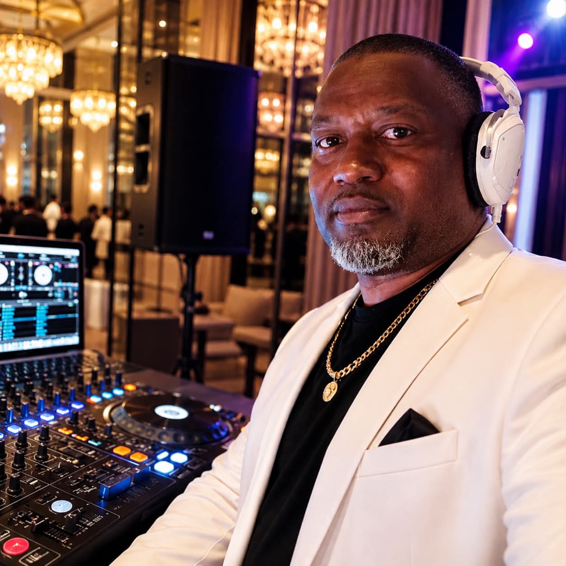 DJ in a white jacket and headphones at the controller