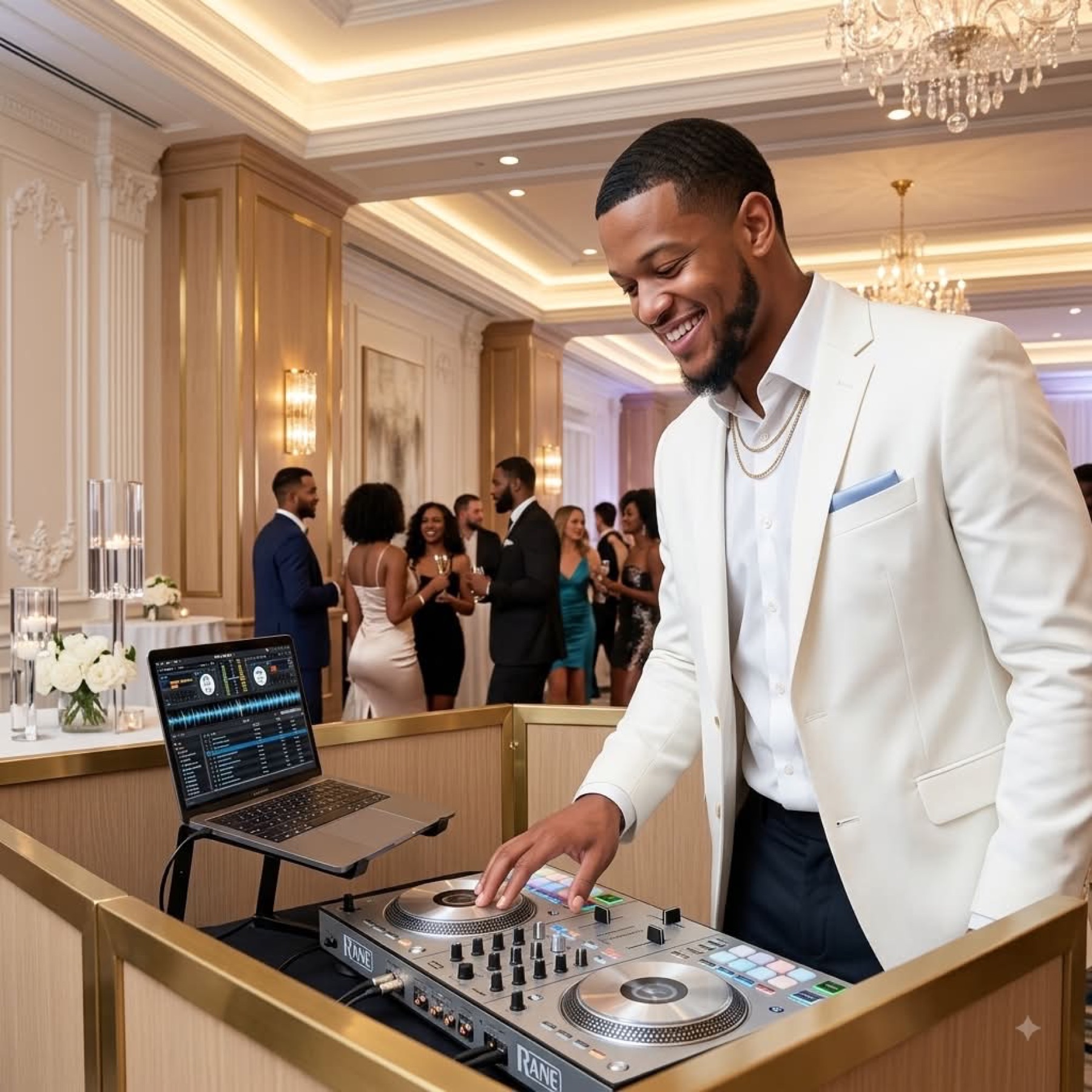 DJ in a white jacket mixing on a Rane controller in a chandelier ballroom