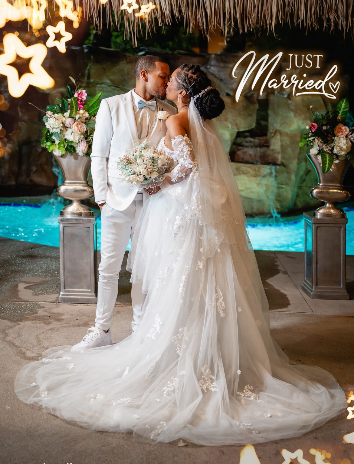 Just Married wedding kiss